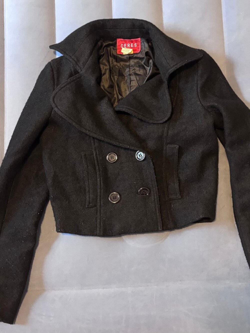 Womens Small Black Woolblend Double Breasted Short Peacoat by Ceres